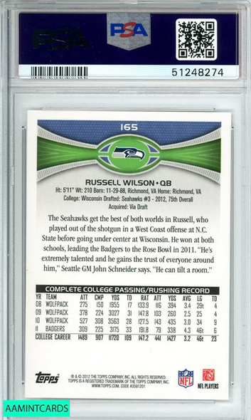 2012 TOPPS RUSSELL WILSON #165 PASSING-STANDS VISIBLE ROOKIE RC PSA 10 GEM MINT 51248274 2012 TOPPS RUSSELL WILSON #165 PASSING-STANDS VISIBLE ROOKIE RC PSA 10 GEM MINT 51248274