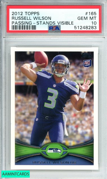 2012 TOPPS RUSSELL WILSON #165 PASSING-STANDS VISIBLE ROOKIE RC PSA 10 GEM MINT 51248283 2012 TOPPS RUSSELL WILSON #165 PASSING-STANDS VISIBLE ROOKIE RC PSA 10 GEM MINT 51248283