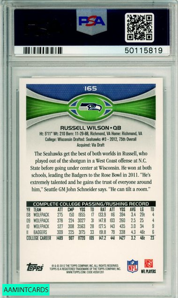 2012 TOPPS RUSSELL WILSON #165 PASSING-STANDS VISIBLE PSA 8 NM-MT 50115819 2012 TOPPS RUSSELL WILSON #165 PASSING-STANDS VISIBLE PSA 8 NM-MT 50115819