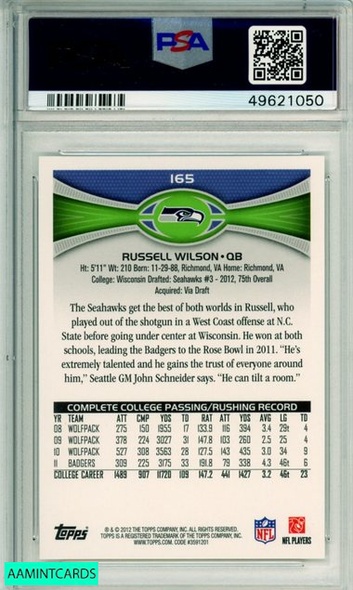 2012 TOPPS RUSSELL WILSON #165 PASSING-STANDS VISIBLE ROOKIE RC PSA 8 NM-MT 49621050 2012 TOPPS RUSSELL WILSON #165 PASSING-STANDS VISIBLE ROOKIE RC PSA 8 NM-MT 49621050