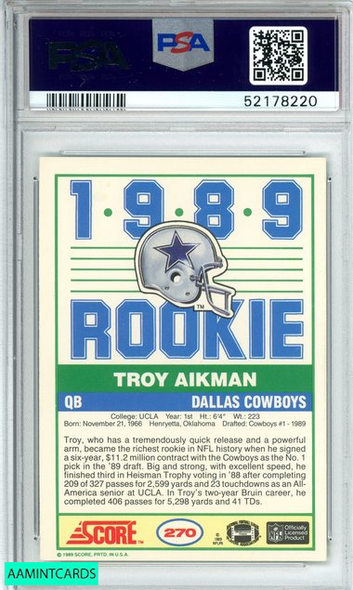 1989 SCORE TROY AIKMAN #270 DALLAS COWBOYS HOF! ROOKIE RC PSA 8 NM-MT 52178220 1989 SCORE TROY AIKMAN #270 DALLAS COWBOYS HOF! ROOKIE RC PSA 8 NM-MT 52178220