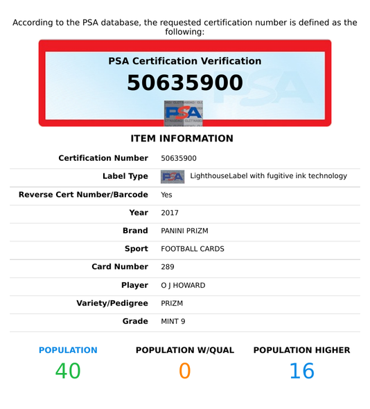 2017 PANINI PRIZM OJ HOWARD #289 SILVER PRIZM ROOKIE BUCCANEERS PSA MINT 9 50635900