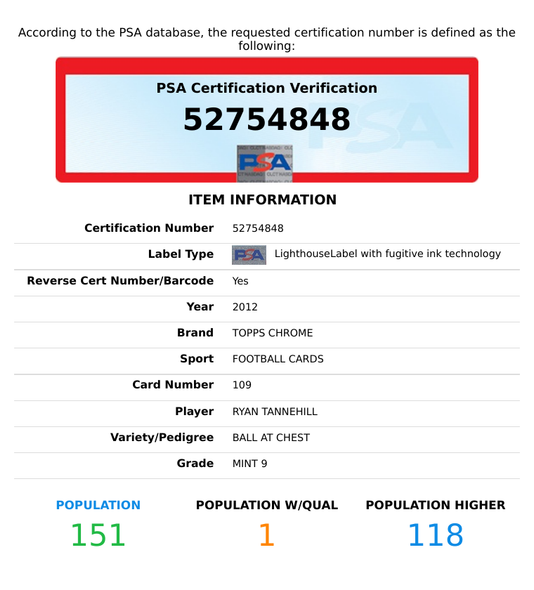 2012 TOPPS CHROME RYAN TANNEHILL #109 BALL AT CHEST ROOKIE RC PSA 9 MINT 52754848
