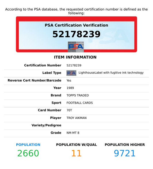1989 TOPPS TRADED TROY AIKMAN #70T DALLAS COWBOYS HOF! ROOKIE RC PSA 8 NM-MT 52178239
