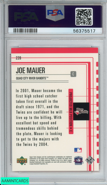 2002 UPPER DECK MINOR LEAGUE JOE MAUER #228 ROOKIE RC TWINS PSA 8 NM-MT 56375517