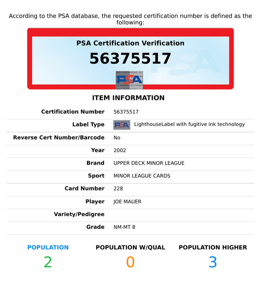 2002 UPPER DECK MINOR LEAGUE JOE MAUER #228 ROOKIE RC TWINS PSA 8 NM-MT 56375517