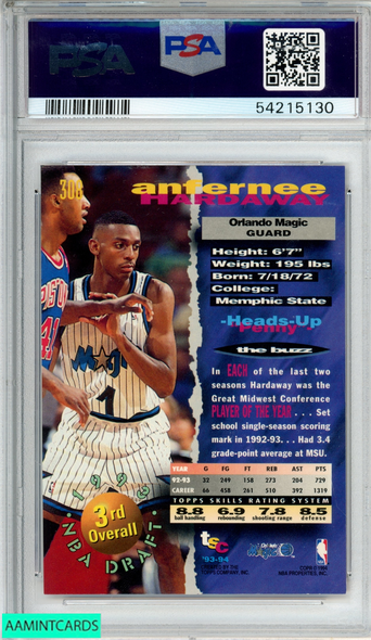 1993 STADIUM CLUB ANFERNEE HARDAWAY #308 ROOKIE ORLANDO MAGIC RC PSA 9 MINT 54215130