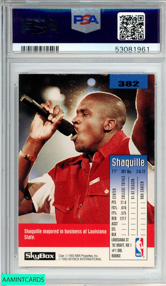 1992 SKYBOX SHAQUILLE ONEAL #382 ORLANDO MAGIC ROOKIE RC HOF PSA 8 NM-MT 53081961