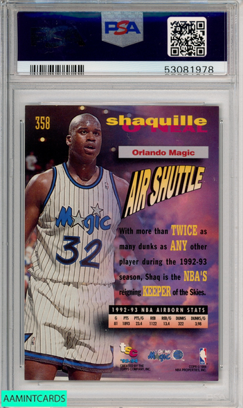1993 STADIUM CLUB SHAQUILLE ONEAL FREQUENT FLYERS #358 MAGIC HOF PSA 8 NM-MT 53081978 1993 STADIUM CLUB SHAQUILLE ONEAL FREQUENT FLYERS #358 MAGIC HOF PSA 8 NM-MT 53081978