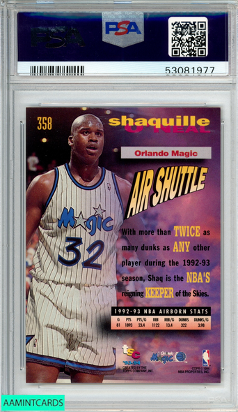 1993 STADIUM CLUB SHAQUILLE O NEAL FREQUENT FLYERS #358 MAGIC HOF PSA 8 NM-MT 53081977 1993 STADIUM CLUB SHAQUILLE O NEAL FREQUENT FLYERS #358 MAGIC HOF PSA 8 NM-MT 53081977