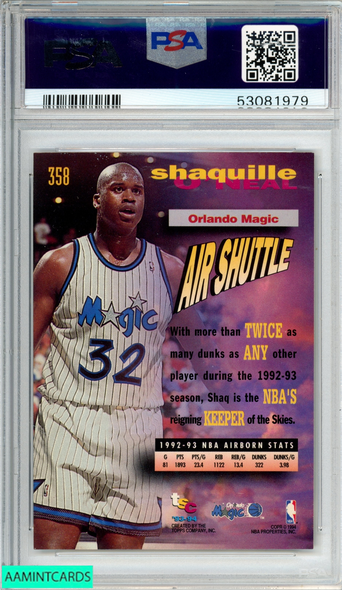 1993 STADIUM CLUB SHAQUILLE O NEAL FREQUENT FLYERS #358 MAGIC HOF PSA 8 NM-MT 53081979 1993 STADIUM CLUB SHAQUILLE O NEAL FREQUENT FLYERS #358 MAGIC HOF PSA 8 NM-MT 53081979