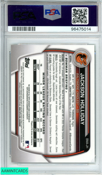 2023 BOWMAN MEGA BOX JACKSON HOLLIDAY#JH CHR-PRSPCT AU-GREEN REF RC OF 99 PSA 10 96475014 2023 BOWMAN MEGA BOX JACKSON HOLLIDAY#JH CHR-PRSPCT AU-GREEN REF RC OF 99 PSA 10 96475014