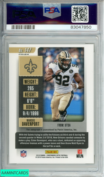 2018  CONT OPTIC MARCUS DAVENPORT#147 AUTO-GOLD VINYL 1 OF 1 RC PSA 10 AUTO 10 83047850