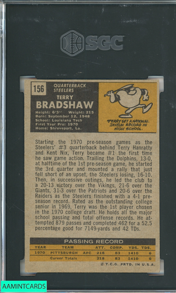 1971 TOPPS TERRY BRADSHAW #156 ROOKIE RC PITTSBURGH STEELERS HOF SGC 3.5 VG+ 0998385