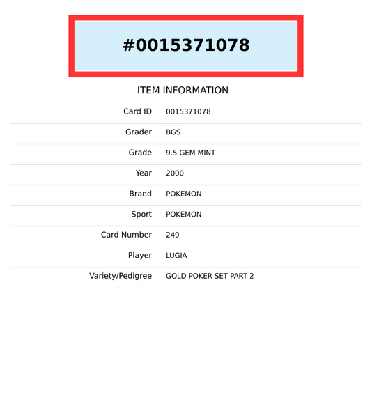 2000 POKEMON GOLD POKER SET PART 2 LUGIA #249 BGS 9.5 0015371078