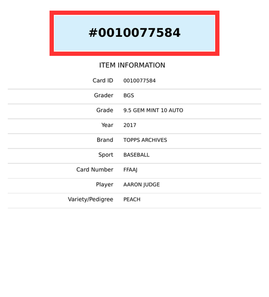2017 TOPPS ARCHIVE AARON JUDGE#FFAAJ FAN FAV AUTO PEACH OF 150 RC BGS 9.5 AU 10 0010077584