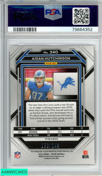 2022 PANINI PRIZM AIDAN HUTCHINSON #340 RED WAVE AUTO OF 149 RC PSA 10 AU 10 79664352