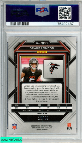 2022 PANINI PRIZM DRAKE LONDON #308 PURPLE POWER 23 OF 49 ROOKIE RC PSA 10 75492487