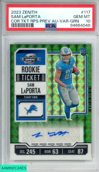 2023 ZENITH CONTENDERS OPTIC RC TKT AUTO SAM LAPORTA #117 VAR GREEN OF 23 PSA 10 94664046