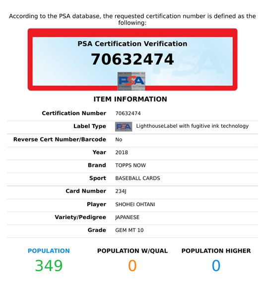 2018 TOPPS NOW SHOHEI OHTANI #234J JAPANESE ROOKIE PSA 10 GEM MT 70632474