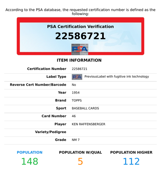 1954 TOPPS KEN RAFFENSBERGER #46 PSA 7 NM 22586721