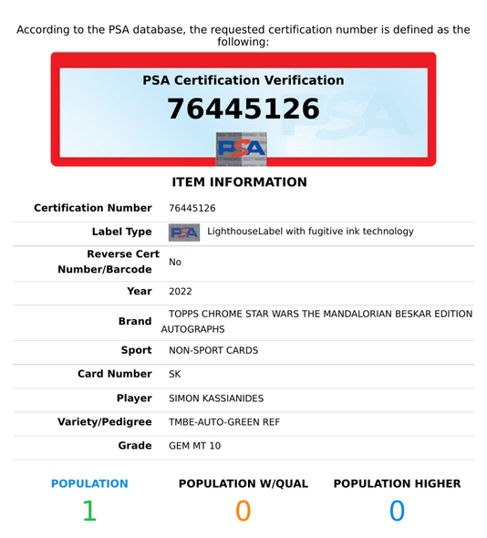 2022 TOPPS CH STAR WARS MANDO BESKAR AUTO KASSIANIDES #SK GRN PSA 10 76445126