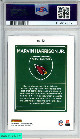 2024 PANINI DONRUSS DOWNTOWN! MARVIN HARRISON JR #12 ROOKIE RC PSA 9 MINT 115617957
