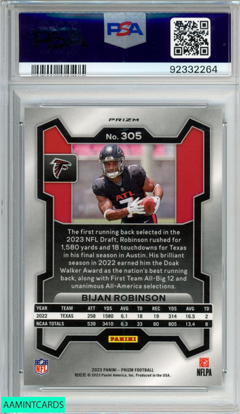 2023 PANINI PRIZM BIJAN ROBINSON #305 SILVER PRIZM ROOKIE RC PSA 10 GEM MT 92332264