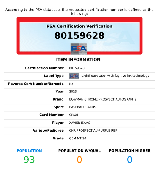 2023 BOWMAN CHROME PROSPECT AUTO XAVIER ISAAC #CPAXI PURPLE OF 250 1ST RC PSA 10 80159628