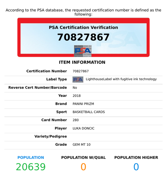 2018 PANINI PRIZM LUKA DONCIC #280 ROOKIE RC PSA 10 GEM MT 70827867