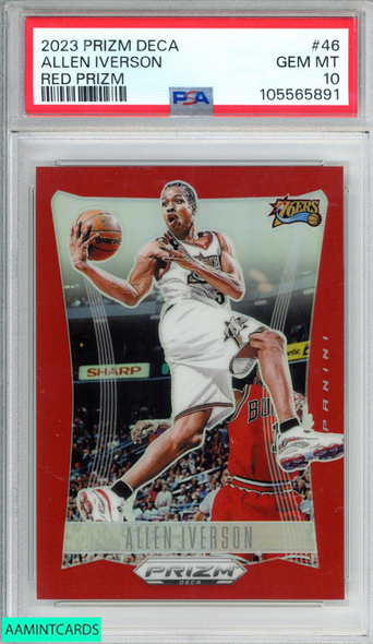 2023 PANINI PRIZM DECA ALLEN IVERSON #46 RED PRIZM 30 OF 199 76ERS PSA 10 GEM MT 105565891
