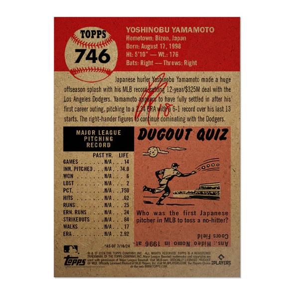 2024 Topps Living Yoshinobu Yamamoto #746 Rookie RC