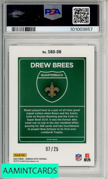 2023 PANINI DON OPTIC SB DOWNTOWN DREW BREES #SBDDB BLK PAND PSA 9 101003657