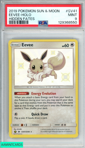 2019 POKEMON SUN AND MOON HIDDEN FATES EEVEE HOLO #SV41 PSA 9 MINT 129368550