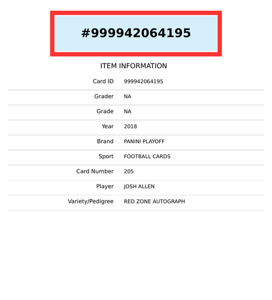 2018 PANINI PLAYOFF JOSH ALLEN #205 RED ZONE ROOKIE AUTOGRAPH RC 999942064195