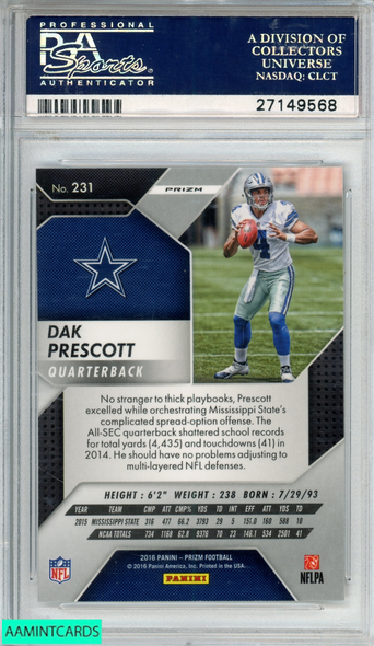 2016 PANINI PRIZM DAK PRESCOTT #231 PRIZM ROOKIE RC COWBOYS PSA 10 GEM MT 27149568