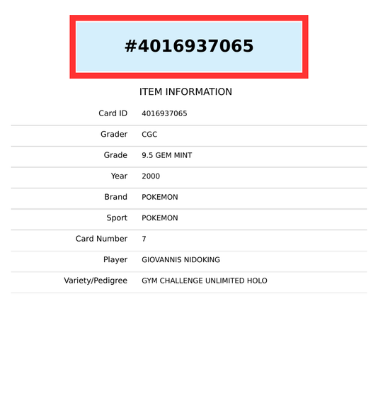 2000 POKEMON GYM CHALL UNLIMITED GIOVANNIS NIDOKING HOLO #7 CGC 8 4016937065