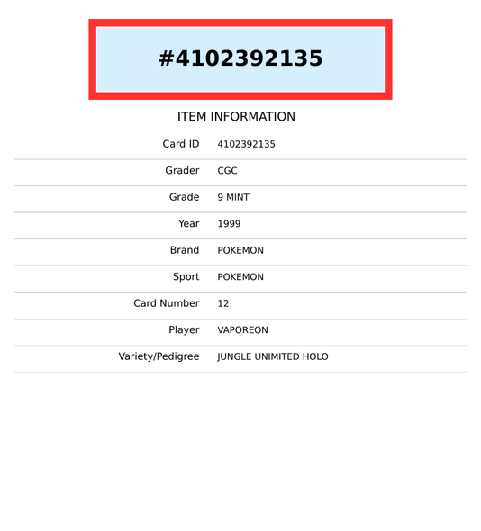 1999 POKEMON JUNGLE UNLIMITED VAPOREON #12 HOLO CGC 9 4102392135