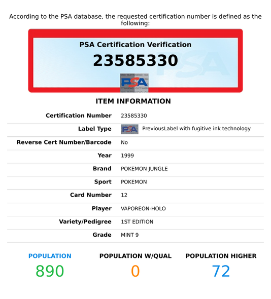 1999 POKEMON JUNGLE VAPOREON-HOLO #12 1ST EDITION PSA 9 MINT 23585330