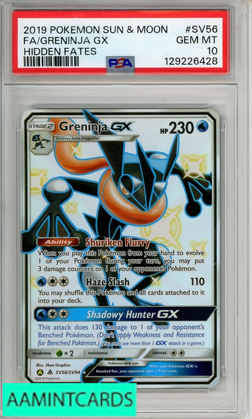 2019 POKEMON SUN MOON HIDDEN FATES FA GRENINJA GX #SV56 PSA 10 129226428