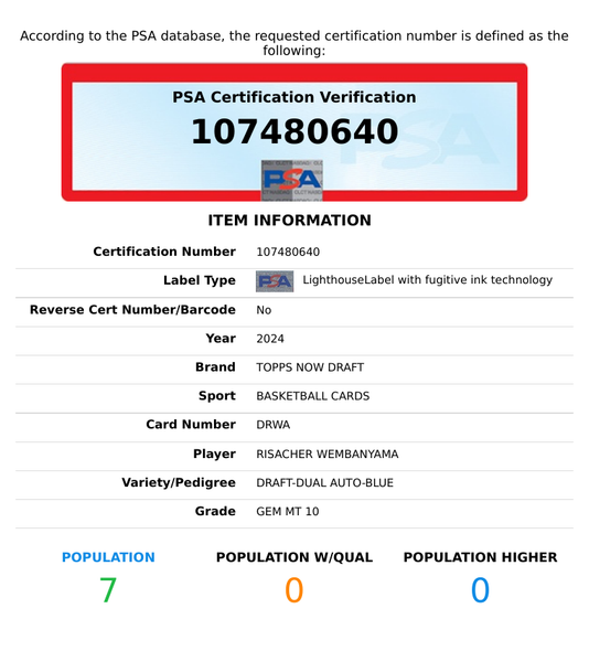 2024 TOPPS NOW DRAFT RISACHER WEMBANYAMA #DRWA AUTO BLUE PSA 10 107480640