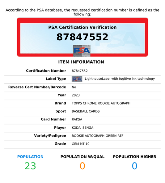 2023 TOPPS CHROME ROOKIE AUTOGRAPH KODAI SENGA #RAKSA GREEN 4 OF 99 RC PSA 10 87847552