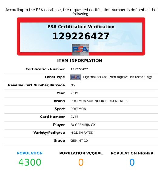 2019 POKEMON SUN MOON HIDDEN FATES FA GRENINJA GX #SV56 PSA 10 129226427