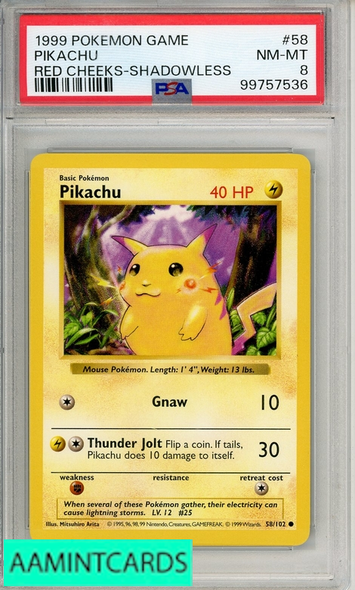 1999 POKEMON GAME PIKACHU #58 RED CHEEKS-SHADOWLESS PSA 8 NM-MT 99757536