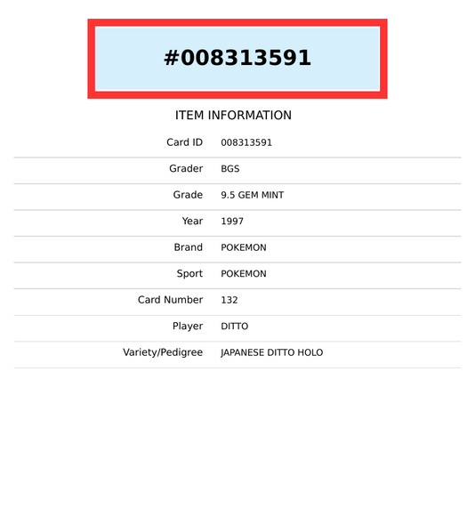 1997 POKEMON JP FOSSIL DITTO HOLO #132 BGS 9.5 GEM MINT 008313591