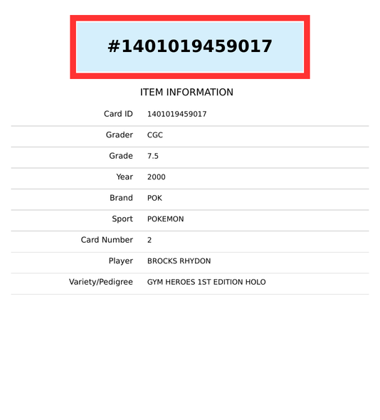 2000 POKEMON GYM HEROES 1ST ED HOLO BROCKS RHYDON CGC 7.5 1401019459017