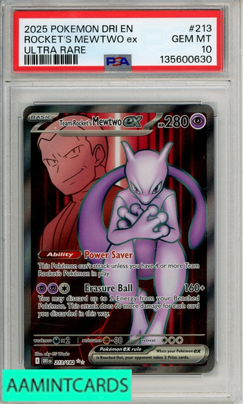 2025 POKEMON DRI EN-DEST RIV ROCKETS MEWTWO EX #213 ULT RARE PSA 10 135600630