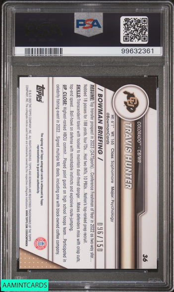 2023 BOWMAN U CHROME TRAVIS HUNTER #36 FUCHSIA MINI DIAMOND AUTO OF 150 PSA 9 99632361