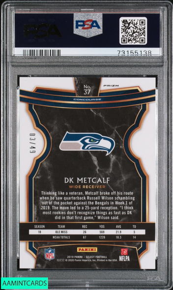 2019 PANINI SELECT DK METCALF #37 ORANGE PRIZM 3 OF 49 ROOKIE RC PSA 10 GEM MT 73155138