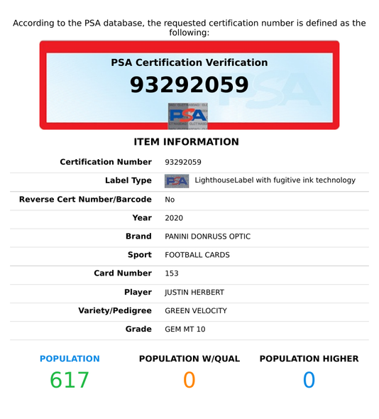 2020 PANINI DONRUSS OPTIC JUSTIN HERBERT #153 GREEN VELOCITY ROOKIE RC PSA 10 93292059